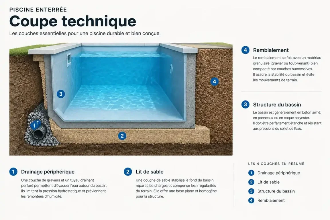 Schéma technique de construction d'une piscine de A à Z : drainage et structure