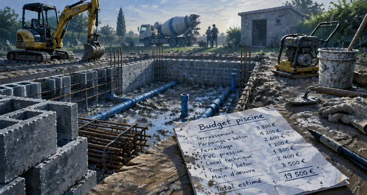 Piscine en auto-construction : le vrai budget et les 4 pièges qui font exploser la facture