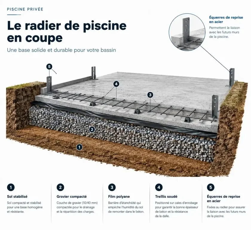 Schéma technique des couches d'un radier de piscine pour une construction solide