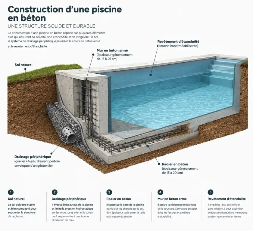 Schéma technique d'une coupe de piscine en béton avec drainage périphérique