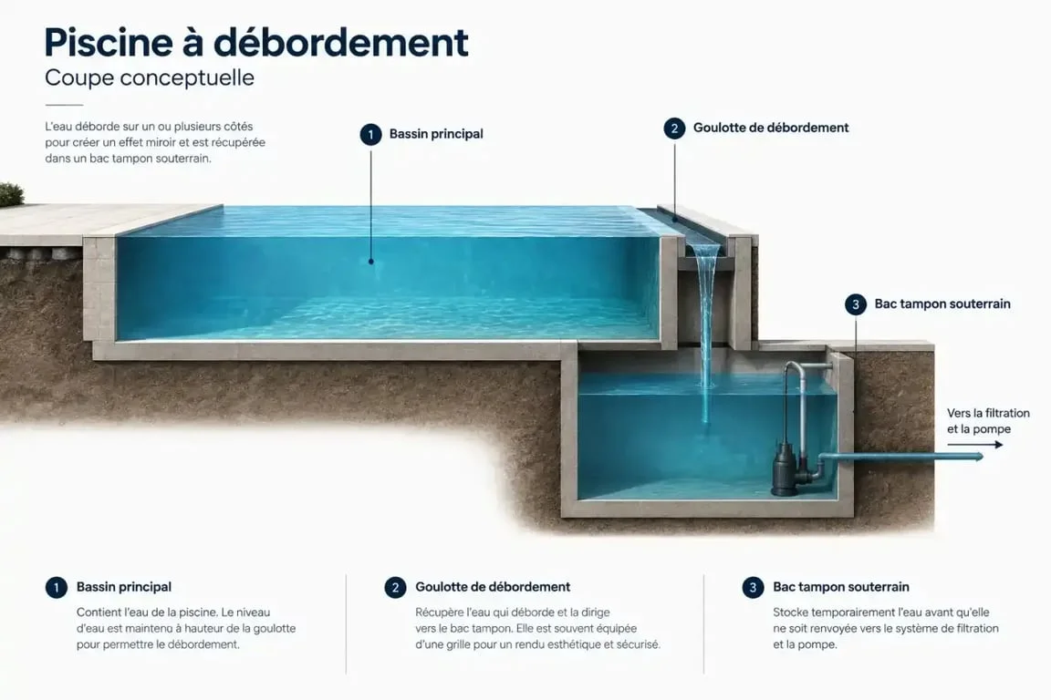 Schéma de fonctionnement d'une piscine à débordement avec bac tampon