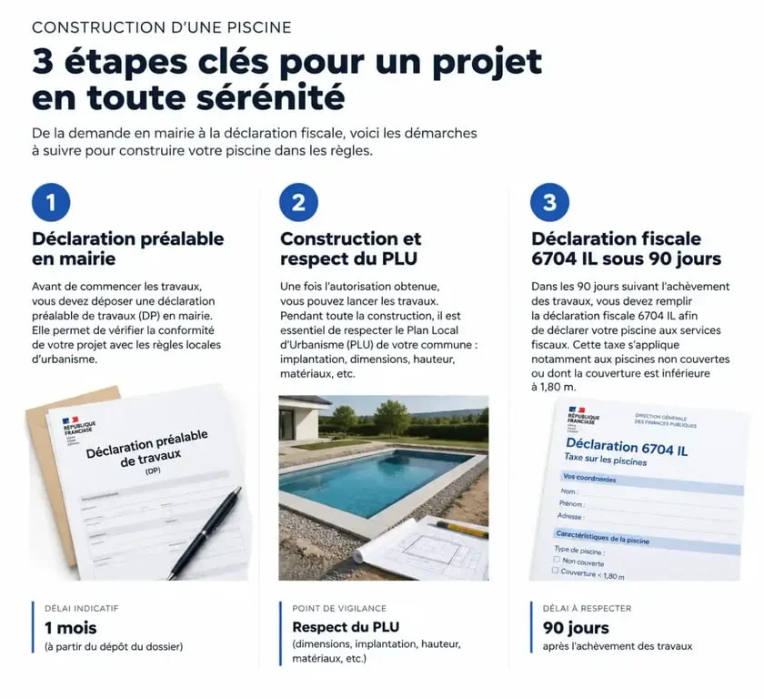 Infographie des étapes administratives pour construire une piscine et gérer sa taxe foncière