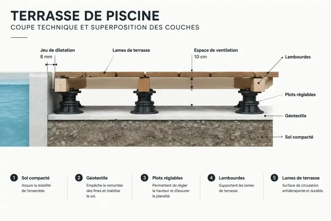 Schéma technique de construction d'une terrasse de piscine avec ventilation et plots réglables