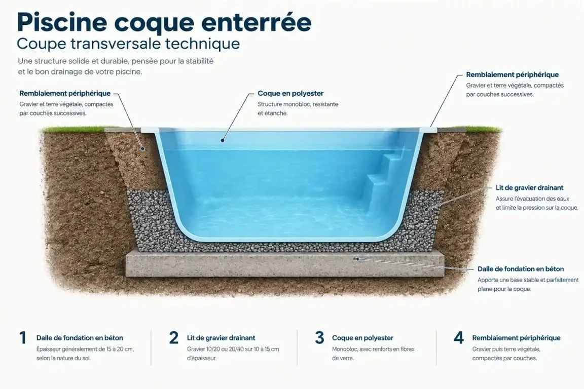 Schéma technique de la construction d'une piscine coque avec dalle de fondation et remblaiement